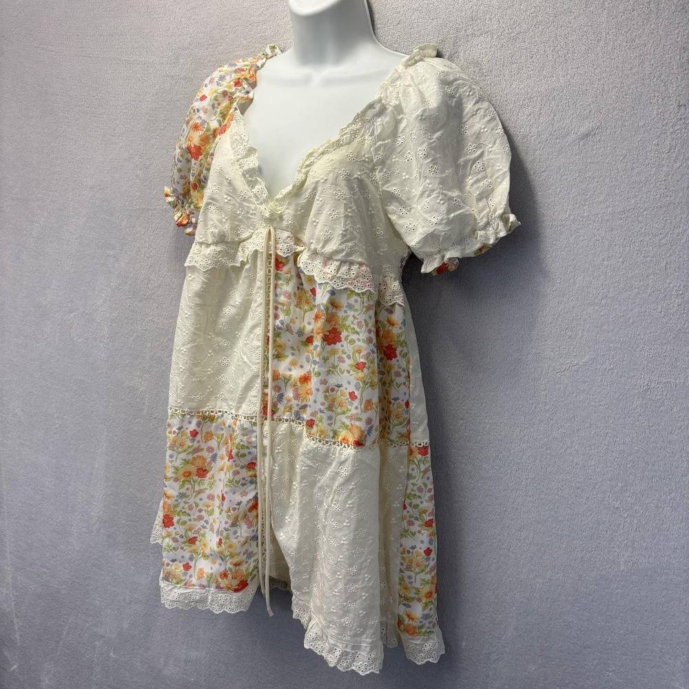 Milkmaid Floral Patchwork Sundress Womens Medium Smocked Puff Sleeve Cottagecore - Picture 8 of 11